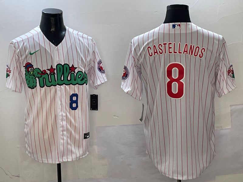 Men Philadelphia Phillies #8 Castellanos White Stripe Three generations Joint Name Game 2025 Nike MLB Jersey style 3